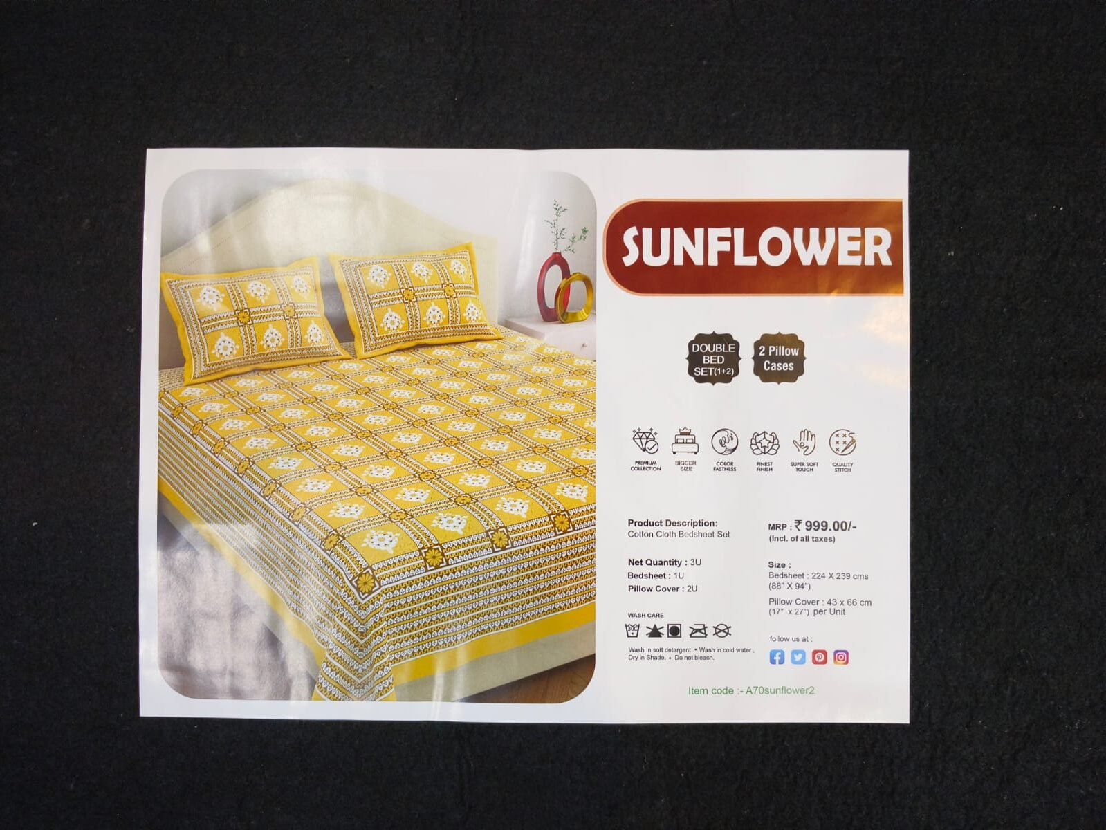 Premium Double Bed Bedsheet Set with 2 Pillow Covers (224 x 239 cm) - Image 2
